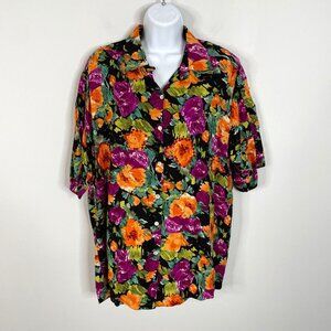 Vintage Womens Dark Floral Tunic Top Size L Vibrant Sequin Button Up Vacation